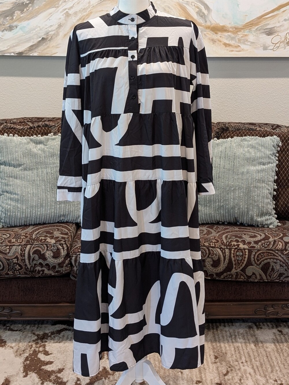 Black & White Geometric Tiered Dress